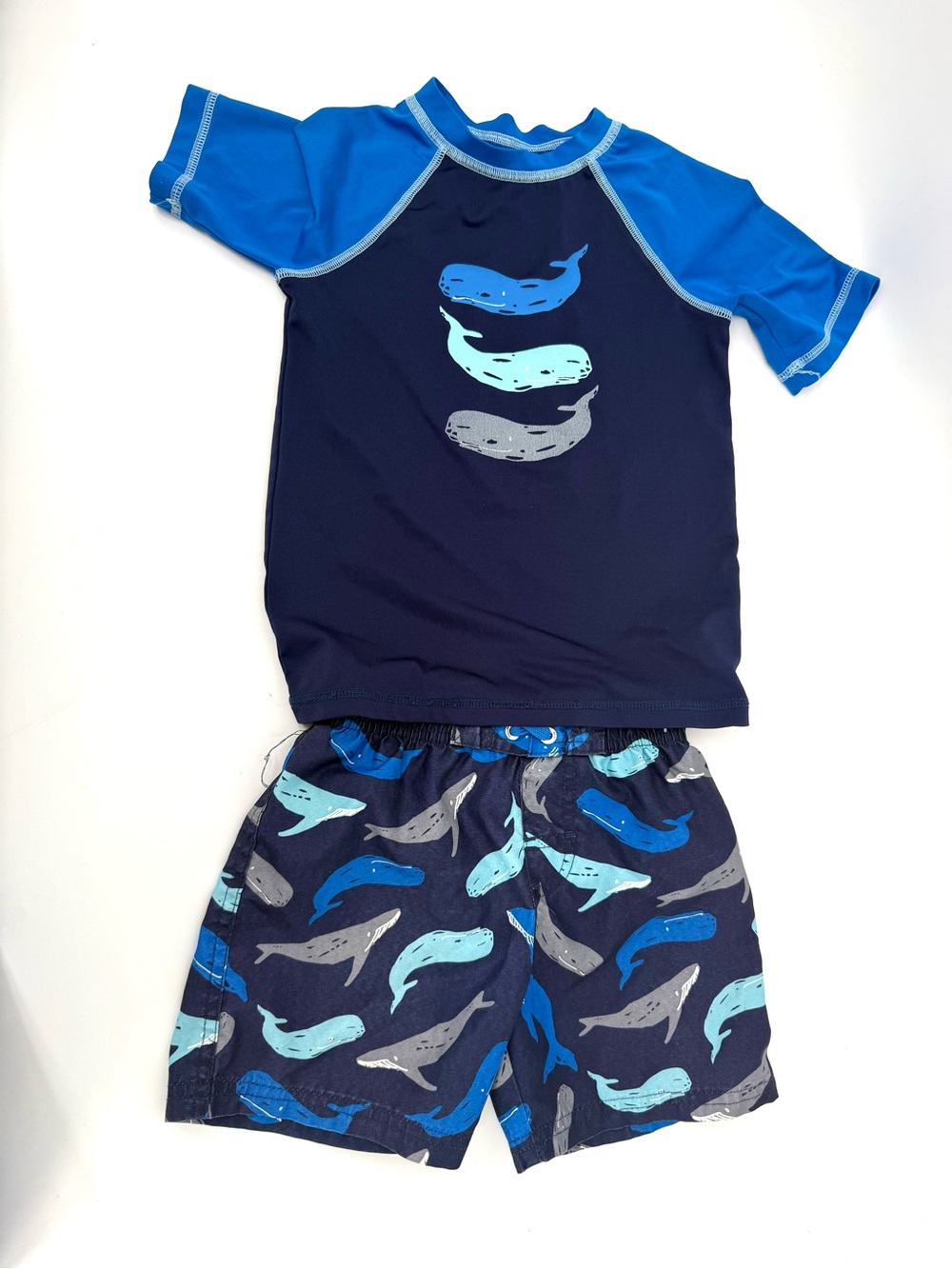Cat & Jack Navy Rash Guard Shirt and Swim Shorts Trunk Set with Blue Whale Print